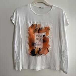 Zara White and Orange Graphic Tee